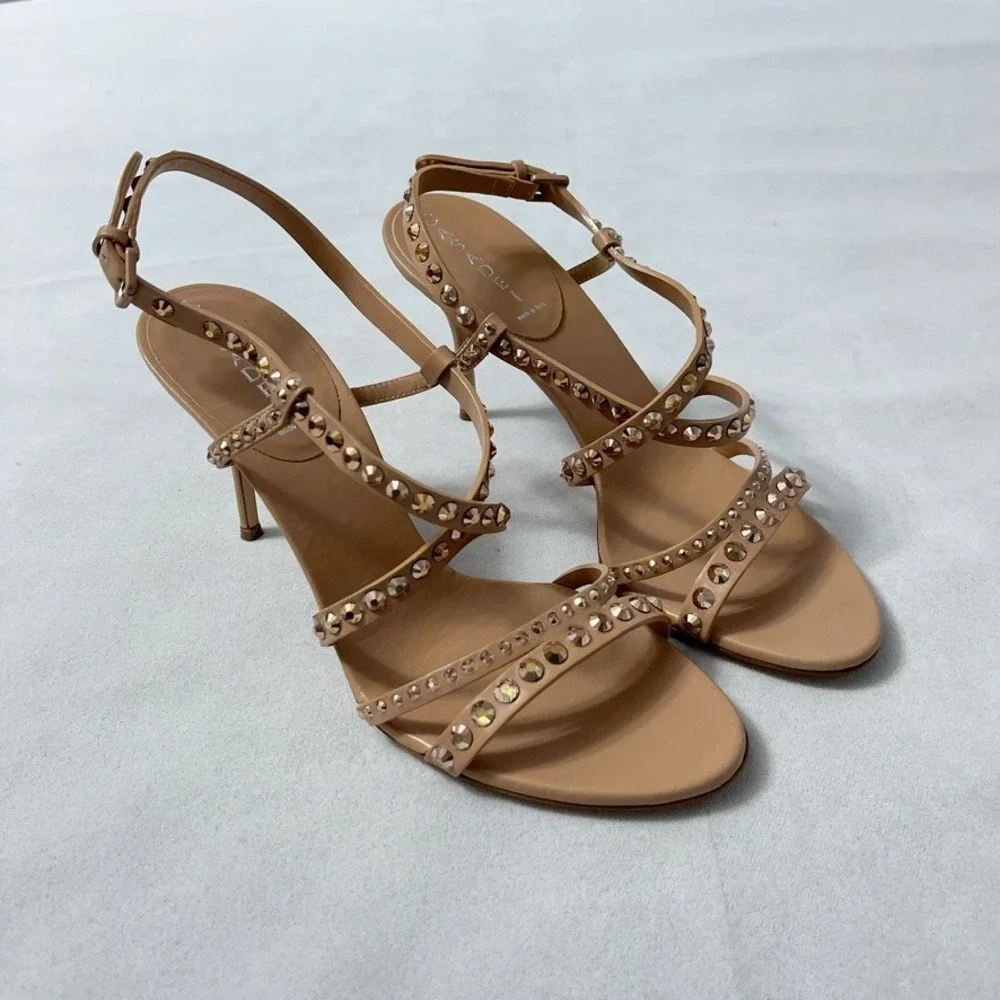 Casadei Heels 9 B Tan Strappy Sandals Stud Crystals Never Worn